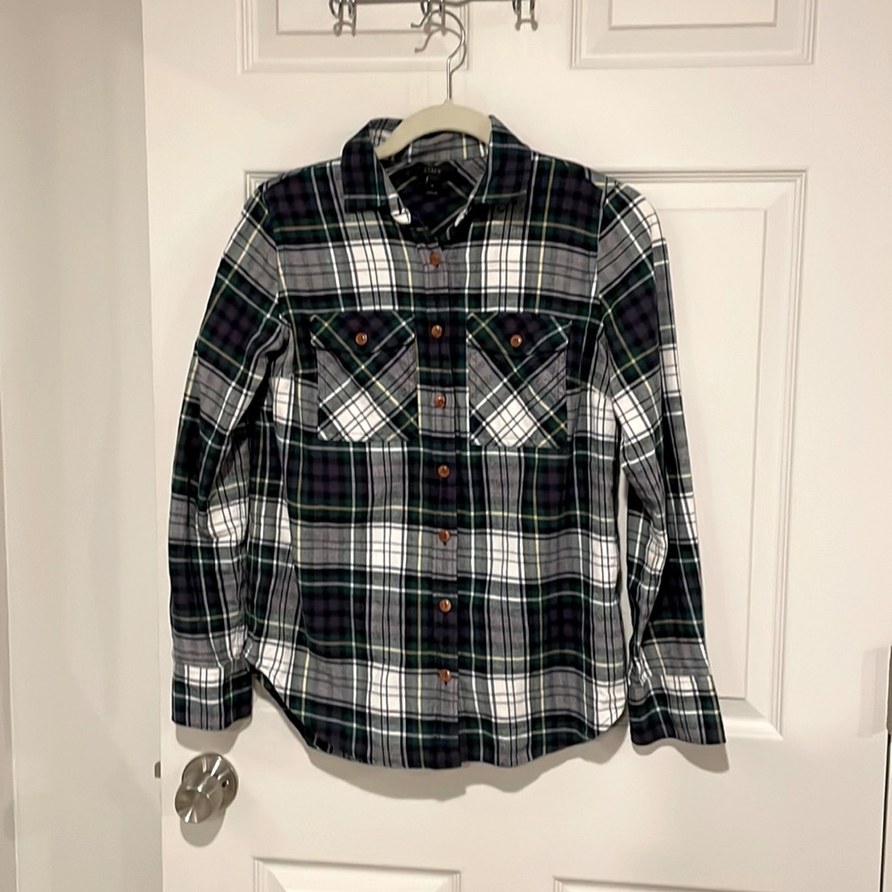 J.Crew Plaid Flannel Button Down Shirt Green Blue Size 0